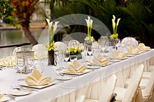 Formal table setting. Outdoor garden style table decoration