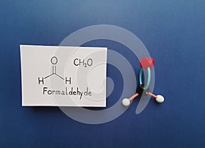 Formaldehyde, methanal molecule. Molecular structure model and structural chemical formula of formaldehyde molecule