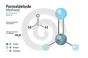 Formaldehyde. Methanal. Structural Chemical Formula and 3d Model of Molecule. CH2O. Atoms with Color Coding. Vector graphic