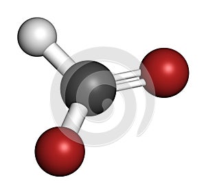 Formate anion, chemical structure. 3D rendering. Atoms are represented as spheres with conventional color coding: carbon (grey), photo