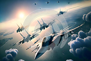 Formation of destroyer jets float in sky during aviation battle. Neural network generated art