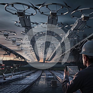 A formation of hexacopter drones collaborate to erect a temporary bridge