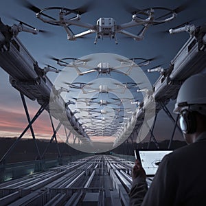 A formation of hexacopter drones collaborate to erect a temporary bridge
