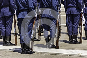 A formation line of Greek armed forces soldiers in military form