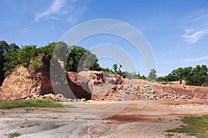 Formation pedestal rocks originated from soil landscape and natural erosion of sandstone into various shapes and digging pit on