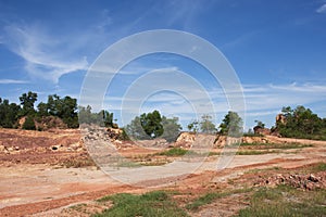 Formation pedestal rocks originated from soil landscape and natural erosion of sandstone into various shapes and digging pit on