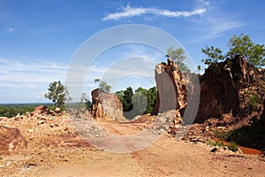 Formation pedestal rocks originated from soil landscape and natural erosion of sandstone into various shapes and digging pit on