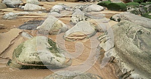 Formation of rocks in a beach in the Cantabric sea with streams arround the rocks