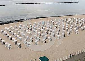 Formation Of Roofed Wicker Beach Chairs In Sellin On Ruegen Island Germany On An Overcast Summer Day