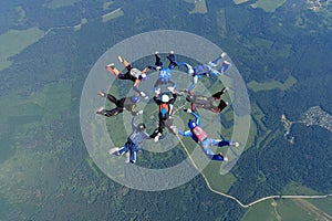 Formation skydiving. A group of skydivers are in the sky.