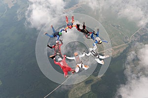 Formation skydiving. A group of skydivers are in the sky.