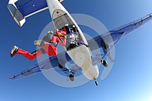 Formation skydiving. A group of skydivers is in the winter season.