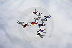 Formation skydiving. A group of skydivers is in the winter season.