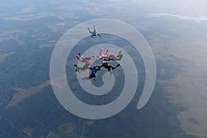 Formation skydiving. Skydivers are falling in the sky.