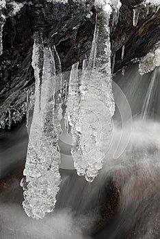 Formations of ice and snow near a river