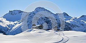 Former Chur astronomical observatory, now closed, on the Arosa-Lenzerheide ski domain, Switzerland, during Winter