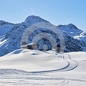 Former Chur astronomical observatory, now closed, on the Arosa-Lenzerheide ski domain, Switzerland, during Winter