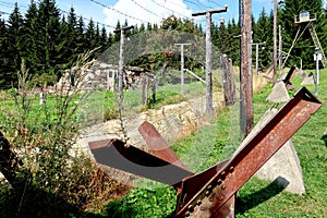 Former communism iron curtain in Bucina, National Park Sumava in the Czech Republic. Memory of deadly barrier on frontier crossing