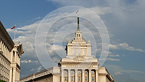 The Former Communist Party House in Sofia, Bulgaria. Text National Assembly in Bulgarian on the building