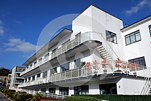 Former film laboratory now luxury apartments at Denham Film Studios, a three-storey Art Deco building designed by Walter Gropius