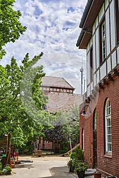 Former historic fire station with a brick facade and half-timbering