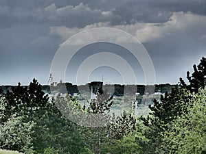 Former industrial landscape embedded in a green environment in the Ruhr area near Herten in Germany. Disused coal mines