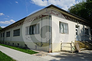 Former laboratory with sgraffito frieze from 1936 in an industrial area. Rüdersdorf bei Berlin, Germany