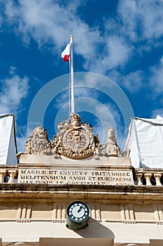 Former Main Guard building situated in St George's square facing the Grand Masters Palace in Valletta, Malta