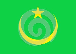 Former Mauritania flag with a yellow crescent moon under a smaller five pointed star against a green backdrop