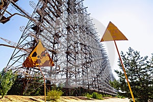 Former military Duga radar system and radioactive signs in Chernobyl Exclusion Zone, Ukraine