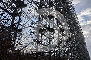 Former military radar system steel construction known as the Arc or Duga in Chernobyl Exclusion Zone