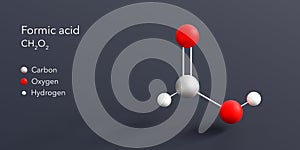 formic acid molecule 3d rendering, flat molecular structure with chemical formula and atoms color coding