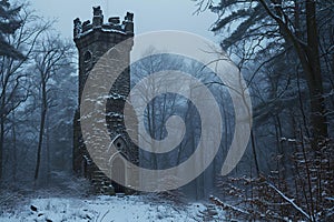 Formidable Ancient tower cliff winter. Generate Ai photo