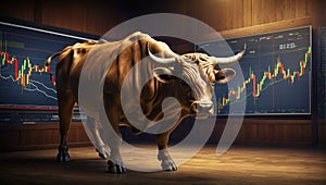 A formidable bull in a boardroom with business charts on the background.