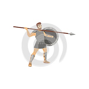 Formidable centurion with menacing look in steel armor going to throw spear isolated on white background