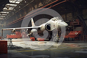 Formidable Military jet in hangar. Generate Ai