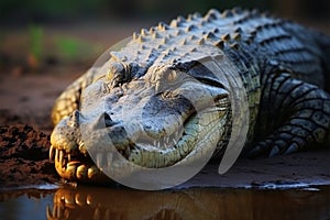 Formidable Nile crocodile on riverbank, showcasing natures powerful predator