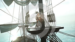 A formidable pirate on a ship looks through his spyglass. The man was created using 3D computer graphics. 3D rendering.