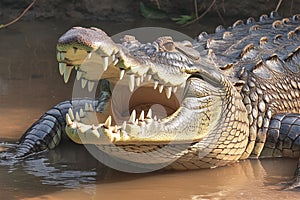 Formidable predator wide open mouth of a crocodile captured in detail