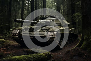 Formidable tank parked in a woodland jungle clearing. Generative AI