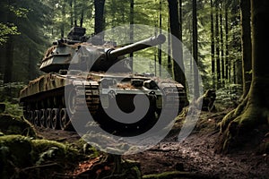 Formidable tank parked in a woodland jungle clearing. Generative AI