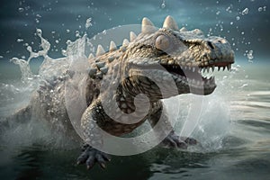 A formidable water dinosaur coming to the surface for air its huge form surfacing with a loud splash.. AI generation