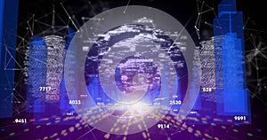Forming translucent fingerprinted data bars in cyberspace, showing numeric labels and network lines