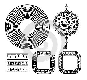 Forms of Chinese coins and amulets with ornaments. Realistic illustration