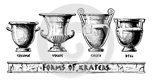 Forms of kraters. Greek vessel shapes.