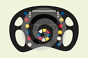 Formula 1 car steering wheel. Driving a racing car. Colored buttons on professional steering wheel. Doodle style. Stroke