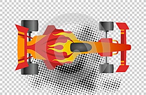 Formula 1 race car sport vector icon top view. Speed auto f1 champion red vehicle. Bolide rally prix flat game transport