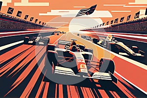 formula 1 race, with cars speeding past the grandstands and around the track