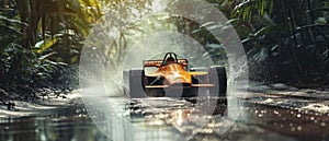 Formula 1 race in the jungle. Splashes, dirt, branches, stones. Off-road racing. Auto-sport. Generative ai. Off-road