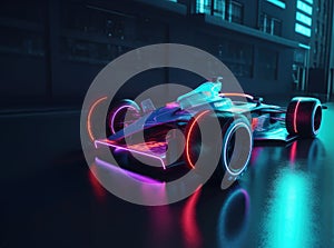 Formula 1 racing car in the neon light of the city streets